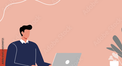 Man working on laptop in a modern, minimalist home office setting. Represents remote work, online learning, productivity, and contemporary lifestyle.