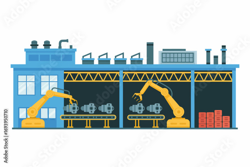 Automated factory assembly line with robotic arms performing precise manufacturing tasks representing modern industrial production and technological advancement for business