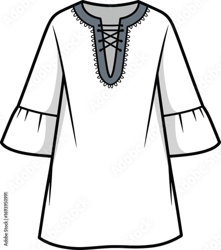 Fashion flat sketch of a white peasant blouse with lace-up neckline and bell sleeves drawing illustration
