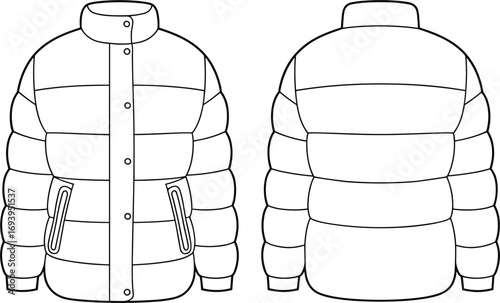 Fashion illustration of front and back views of a black and white outline puffer jacket clothing