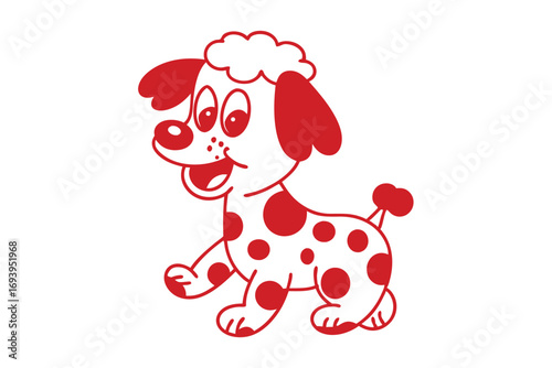 Cartoon puppy dog in red with spots is walking and smiling cheerfully