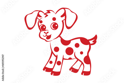 Cartoon puppy stands happily, covered in charming red spots on a clean white surface
