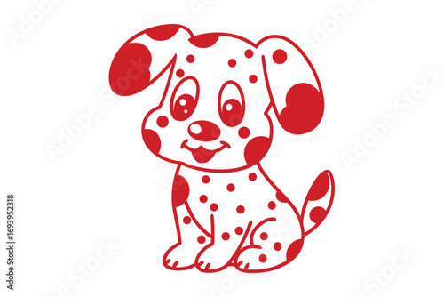 Cartoon puppy with red spots sits, displaying a joyful expression and cute characteristics