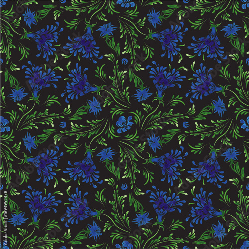 Vector floral seamless pattern from hand painted blue meadow flowers on a black background