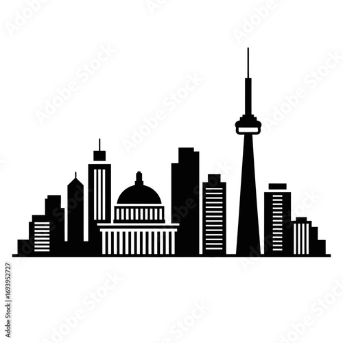 Black and White Cityscape Silhouette with Tall Buildings and Tower Illustration on Isolated Background