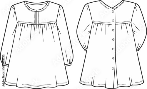 Front and back view fashion flat sketch of a white long sleeve baby doll dress smocked gathered