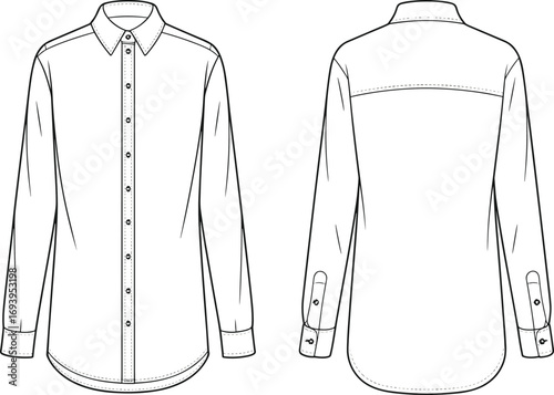 Front and back view line art illustration of a white long sleeve button-down collared shirt cuff