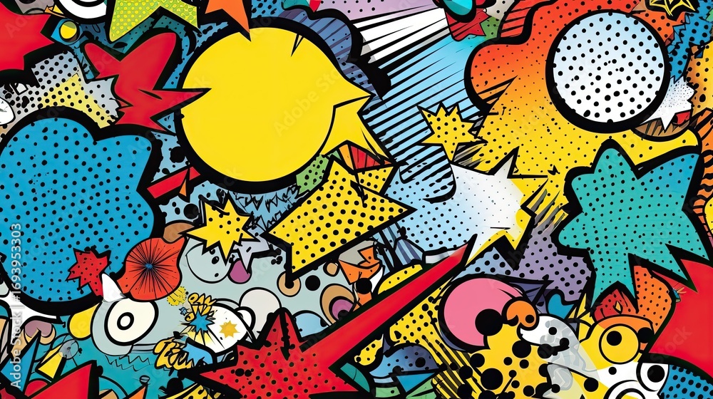 Fototapeta premium A bold and colorful pop art composition featuring vibrant comic book-style patterns, bright primary colors with black outlines