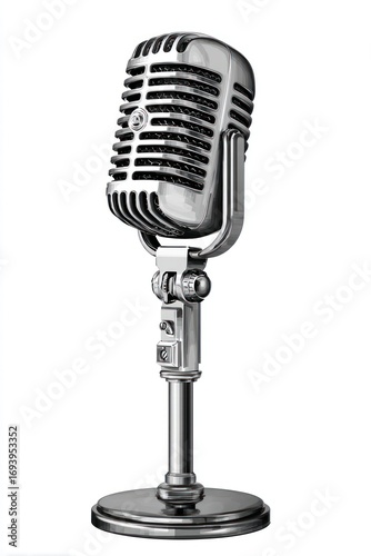 Shiny chrome vintage-style microphone with a mesh head, set on a rounded base, against a clean white background