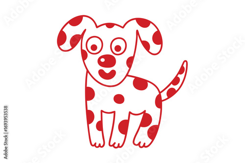 Cartoon red dog stands cheerfully with spots across its body on the white background