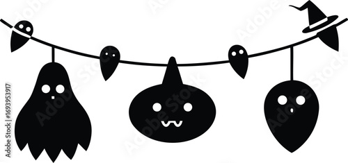 Cute Halloween Garland Vector with Pumpkins and Ghosts. Black Silhouette Banner, Bunting with Spooky Holiday Elements on Transparent Background