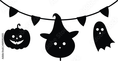 Cute Halloween Garland Vector with Pumpkins and Ghosts. Black Silhouette Banner, Bunting with Spooky Holiday Elements on Transparent Background