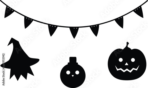Cute Halloween Garland Vector with Pumpkins and Ghosts. Black Silhouette Banner, Bunting with Spooky Holiday Elements on Transparent Background
