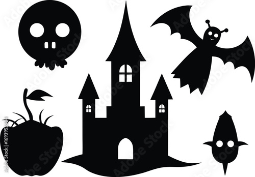 Black Silhouette Halloween Vector Illustrations. Set of Scary Holiday Symbols and Decorative Elements Isolated on White Background