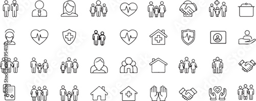 Vector art of collection of social relationship line icons contains icons as family, friend, relationship, love, care and more