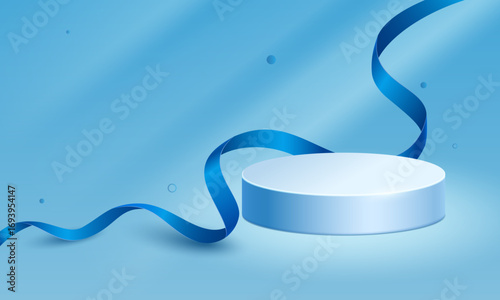 Abstract light blue background with podium and blue ribbon. Vector 3d illustration.