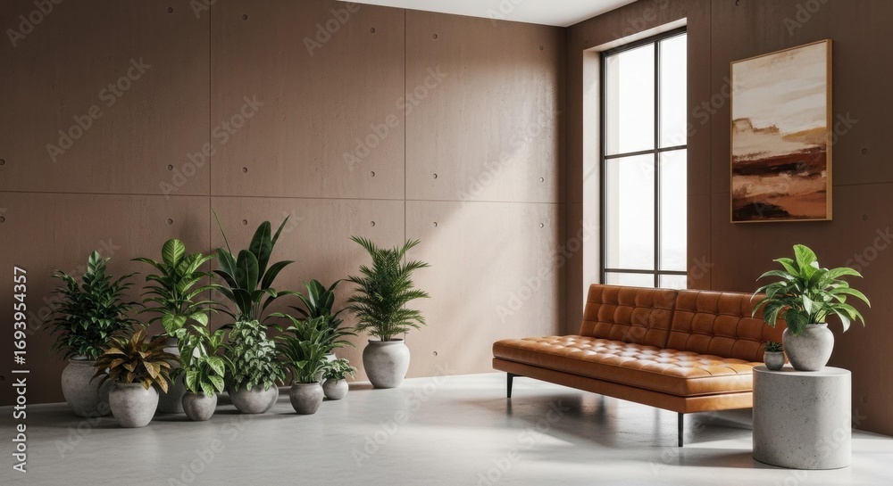 Fototapeta premium Modern living room with leather sofa, indoor plants, large window, and natural light