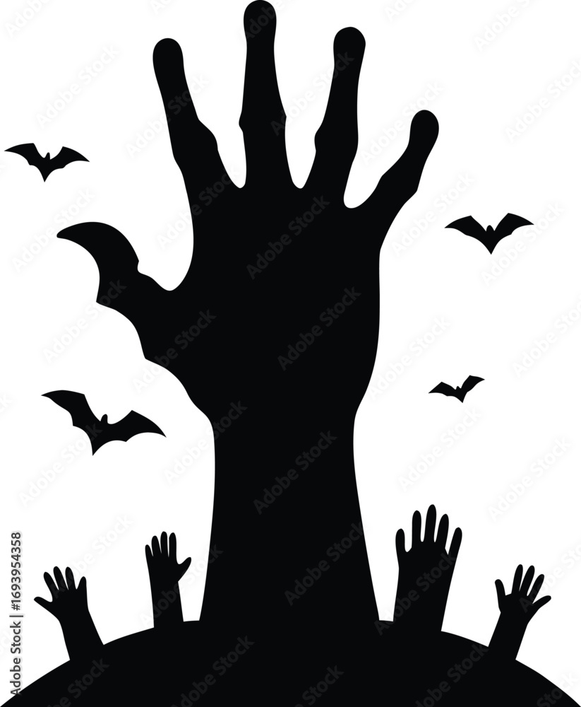 Obraz premium Zombie Hand Emerging from Grave - Halloween Silhouette Vector Illustration