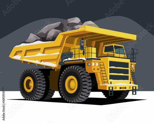 Bright Yellow Mining Dump Truck Ready for Heavy Duty Transport of Rocks and Materials Illustration