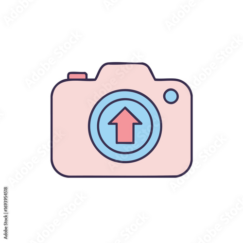 A charming pastel pink digital camera icon featuring a prominent blue upload arrow, symbolizing photo sharing and content contribution on online platforms.