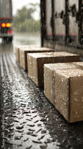 Rainy day delivery boxes on rubber cargo mat at threshold, wet drops and puddles