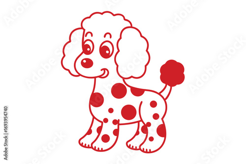 Cartoon red poodle with white fur is covered in red spots standing calmly