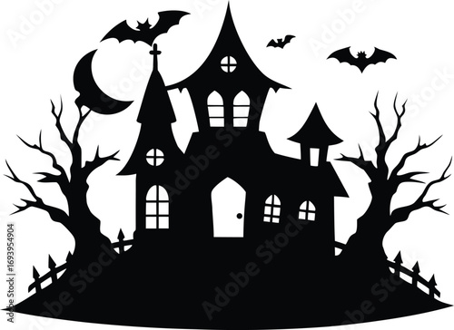 Haunted House Silhouette with Gnarled Tree and Moon for Halloween Designs