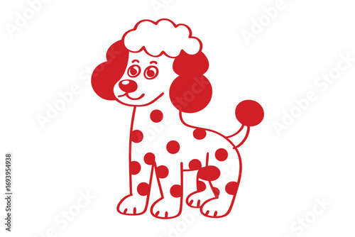 Cartoon red poodle smiles with polka dots and stands isolated on a clean white backdrop