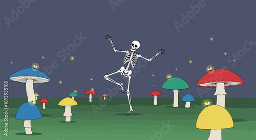 Dancing skeleton in colorful mushroom field under starry night, a whimsical Halloween scene. Dancing skeleton performs lively jig amidst toadstools, creating a magical ambience.