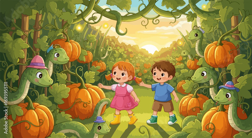 Autumn pumpkin patch scene with happy children among green snakes and ripe pumpkins. This pumpkin patch is filled with joy as kids play with friendly snakes near glowing pumpkins.