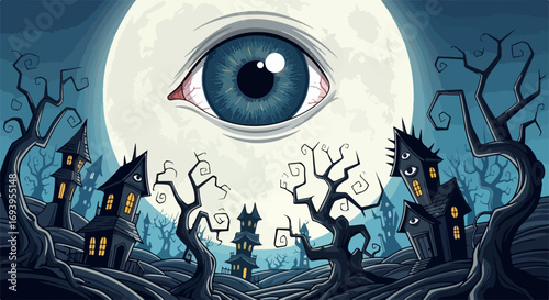 Halloween night, with spooky house in eerie landscape under full moon. Spooky house glows with ominous light, surrounded by gnarled trees.