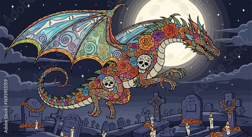 Dia de los Muertos dragon with flowers and skulls in graveyard with night scene, Dia de los Muertos concept is richly represented, symbolizing remembrance and celebration.