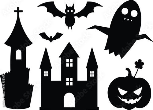 Spooky Halloween House and Tree Silhouette Vector Illustration