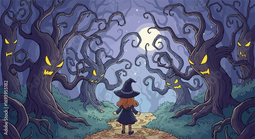Halloween night features witch silhouette standing in spooky forest with glowing eyes. Spooky forest scene includes creepy trees, moonlight, and witch's silhouette.