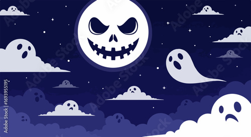 Halloween night sky with spooky moon and scary ghosts fills midnight air. Halloween night with scary elements. Halloween night background conveys eerie ambiance and holiday theme for cards.