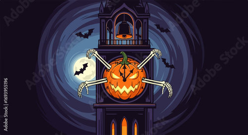 Spooky Halloween clock tower with pumpkin face and skeleton hands against moonlit sky. Halloween clock symbolizes time ticking towards scary All Hallows' Eve,