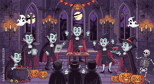 Halloween party with cartoon vampires, ghosts, and skeletons in gothic hall. Halloween party celebration features characters having fun, spooky decorations creating eerie atmosphere.