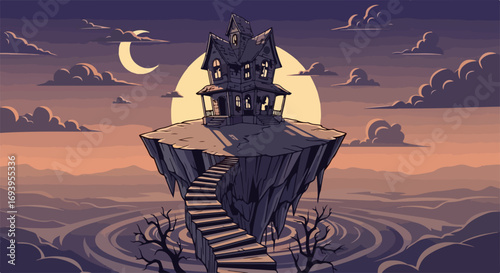 Spooky house on fantasy island is a digital illustration of haunted architecture in the twilight. Spooky house with staircase floating on fantasy island evokes surreal atmosphere and intrigue.