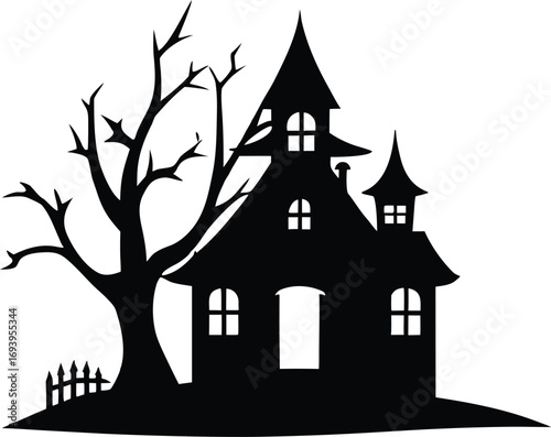 Spooky Halloween House and Tree Silhouette Vector Illustration