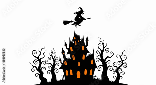 Eerie Halloween night scene depicts a silhouette witch riding broomstick over haunted house. Halloween night illustration shows silhouetted scary mansion, bare trees and spooky night sky.