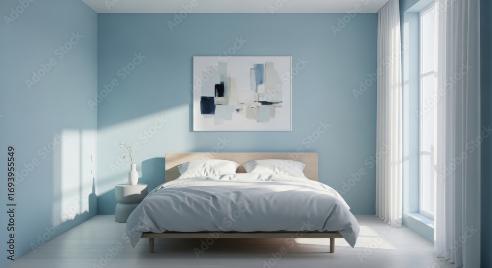 Fototapeta premium Minimalist bedroom with soft blue walls, modern bed and natural sunlight
