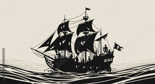 Pirate ship sailing through rough ocean waters with billowing sails and a distinctive silhouette. Detailed pirate ship showcases rigging, masts, and decorative elements against neutral backdrop,