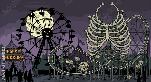 Halloween background depicting spooky amusement park featuring haunted roller coaster, creepy carnival and ominous Ferris wheel.