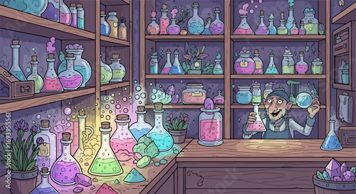 Magical potion preparation inside old apothecary workshop with a happy wizard and shelves full of colorful flasks. Magical potion being carefully made in laboratory, and wizard doing his job.