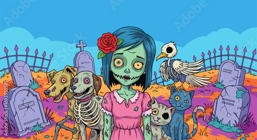 Halloween cemetery scene, a spooky landscape with zombie girl, pets, and tombstones, Halloween cemetery art is perfect for cards. Cemetery art with a zombie girl in pink dress, pets in zombie style,