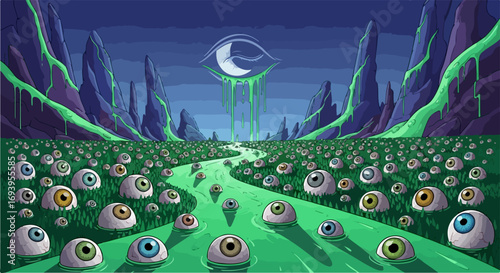 Eerie field of eyes artwork shows otherworldly landscape with glowing eye dripping fluorescent liquid. Eerie field of eyes concept art is set in odd mountain setting with strange light.