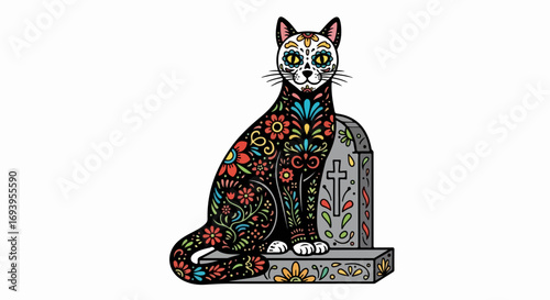 Intricate cat illustration featuring the Day of the Dead theme, with decorative flowers and a headstone with cross. Day of the Dead imagery, with its floral elements and patterned textures,