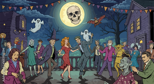 Halloween party scene illustration featuring dancing ghosts, dancing people, and moonlit skull. Halloween party under moonlight shows happy undead characters, including witches, skeletons,