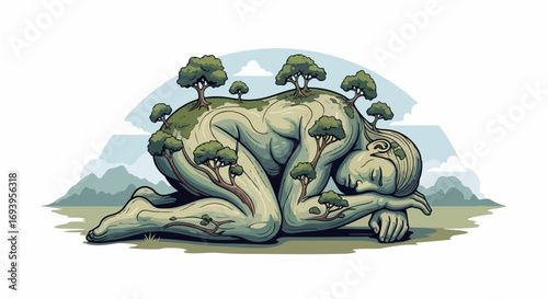 Earth mother figure symbolizing protection of nature, portrayed as a body and soul of earth with trees on shoulders, body and legs, representing concept of ecology and environment awareness.