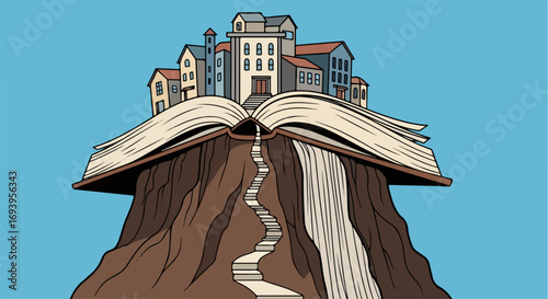Open book illustration with building town on top, drawing shows imaginative community, where stories come alive. Open book illustration shows knowledge on a light blue background,